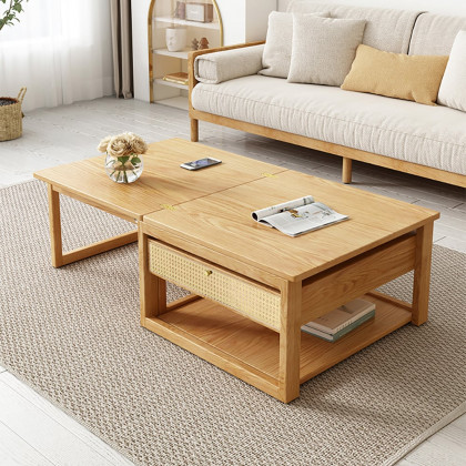 HMR - Japandi Wooden Folding Coffee Table Set Dining Table Rattan Nesting Accent Table