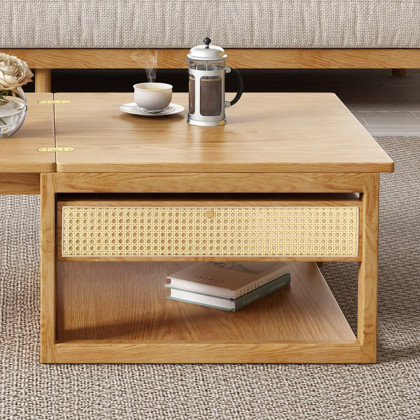 HMR - Japandi Wooden Folding Coffee Table Set Dining Table Rattan Nesting Accent Table