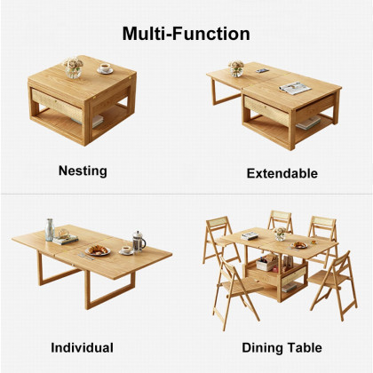 HMR - Japandi Wooden Folding Coffee Table Set Dining Table Rattan Nesting Accent Table