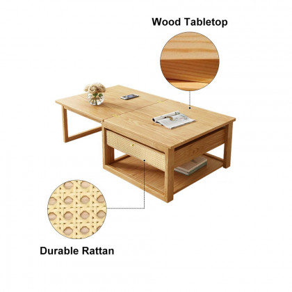 HMR - Japandi Wooden Folding Coffee Table Set Dining Table Rattan Nesting Accent Table