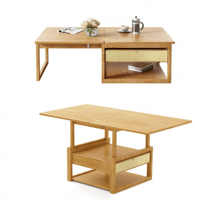 HMR - Japandi Wooden Folding Coffee Table Set Dining Table Rattan Nesting Accent Table