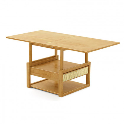 HMR - Japandi Wooden Folding Coffee Table Set Dining Table Rattan Nesting Accent Table