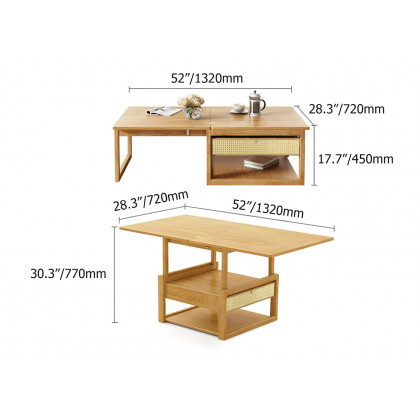 HMR - Japandi Wooden Folding Coffee Table Set Dining Table Rattan Nesting Accent Table