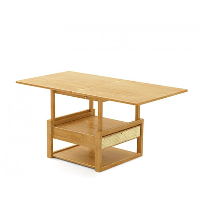 HMR - Japandi Wooden Folding Coffee Table Set Dining Table Rattan Nesting Accent Table