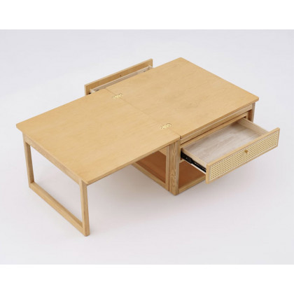 HMR - Japandi Wooden Folding Coffee Table Set Dining Table Rattan Nesting Accent Table