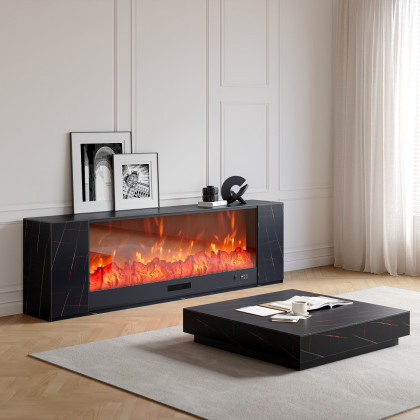 HMR Electric Fireplace TV Stand with Remote Control - Black, Sintered Stone, 78.7"W×12.6"D×23.6"H