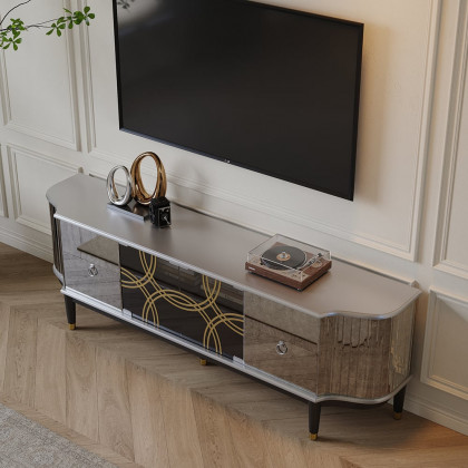 HMR - 70.8" Mid-century Modern Black & Silver Antique Mirror TV Stand Glass Doors