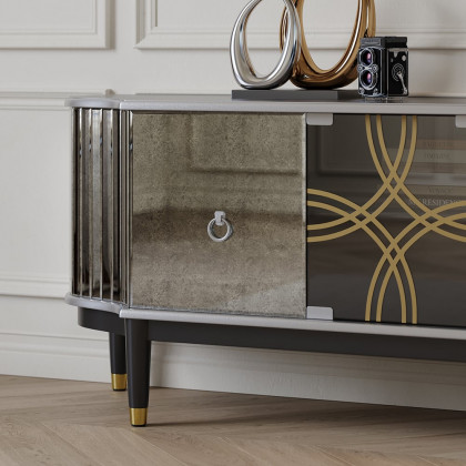 HMR - 70.8" Mid-century Modern Black & Silver Antique Mirror TV Stand Glass Doors