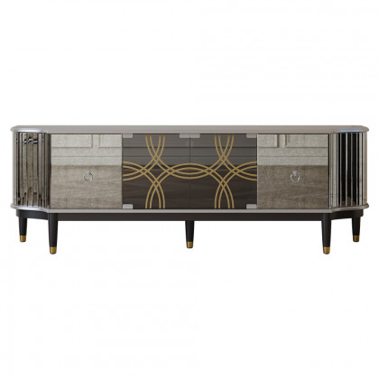 HMR - 70.8" Mid-century Modern Black & Silver Antique Mirror TV Stand Glass Doors