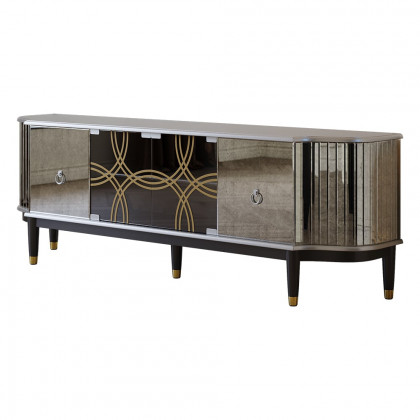 HMR - 70.8" Mid-century Modern Black & Silver Antique Mirror TV Stand Glass Doors
