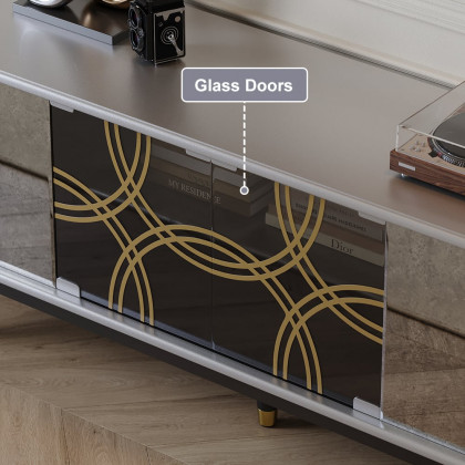 HMR - 70.8" Mid-century Modern Black & Silver Antique Mirror TV Stand Glass Doors