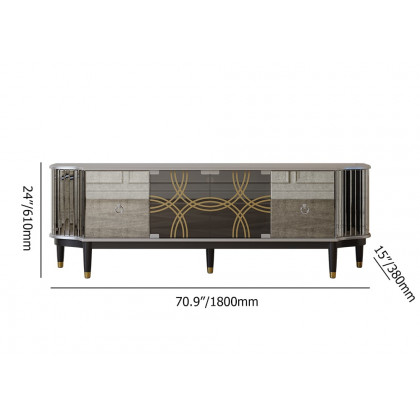 HMR - 70.8" Mid-century Modern Black & Silver Antique Mirror TV Stand Glass Doors