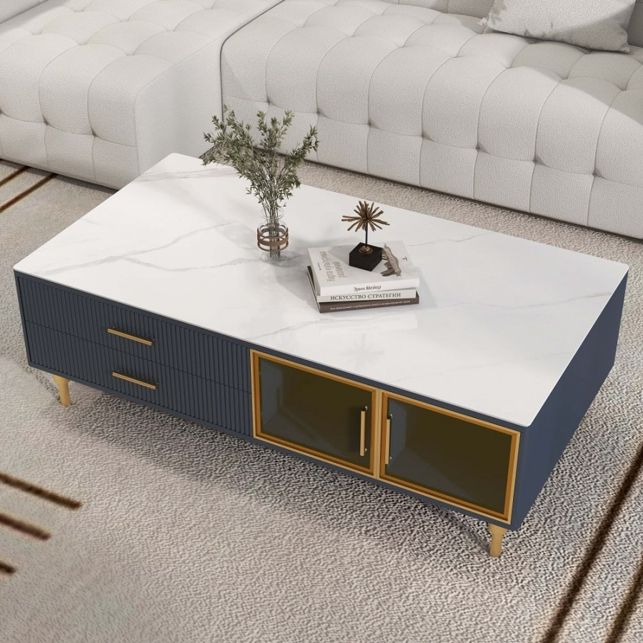 HMR - Cofab Modern Blue Coffee Table with 2 Glass Door Storage & 4 Drawers Gold Metal Legs