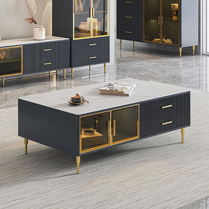 HMR - Cofab Modern Blue Coffee Table with 2 Glass Door Storage & 4 Drawers Gold Metal Legs