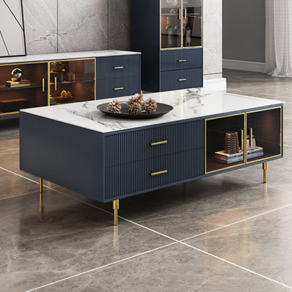 HMR - Cofab Modern Blue Coffee Table with 2 Glass Door Storage & 4 Drawers Gold Metal Legs