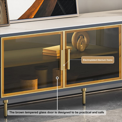 HMR - Cofab Modern Blue Coffee Table with 2 Glass Door Storage & 4 Drawers Gold Metal Legs