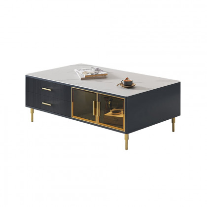 HMR - Cofab Modern Blue Coffee Table with 2 Glass Door Storage & 4 Drawers Gold Metal Legs