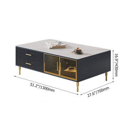 HMR - Cofab Modern Blue Coffee Table with 2 Glass Door Storage & 4 Drawers Gold Metal Legs
