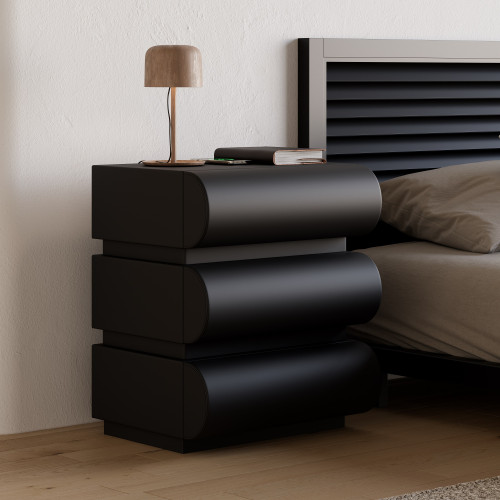 HMR Humply Modern Leather Smart Nightstand with Wireless Charger Drawers - Black, 3-Drawer, Set Of 2