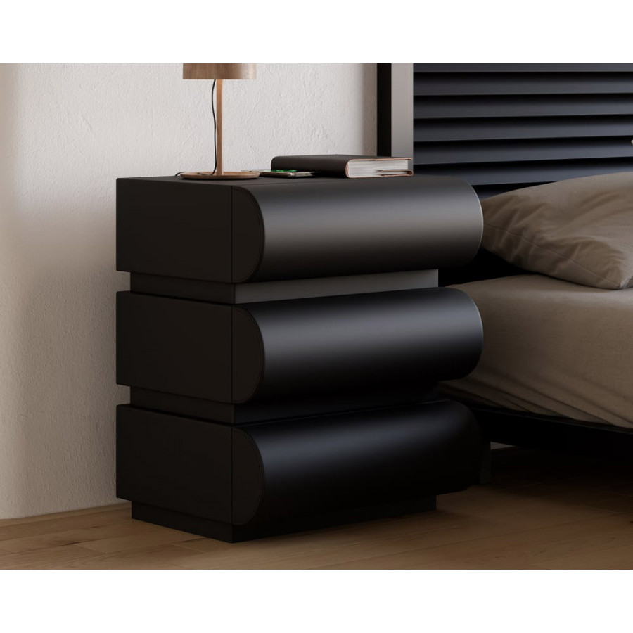 HMR Humply Modern Leather Smart Nightstand with Wireless Charger Drawers - Black, 3-Drawer, Set Of 2