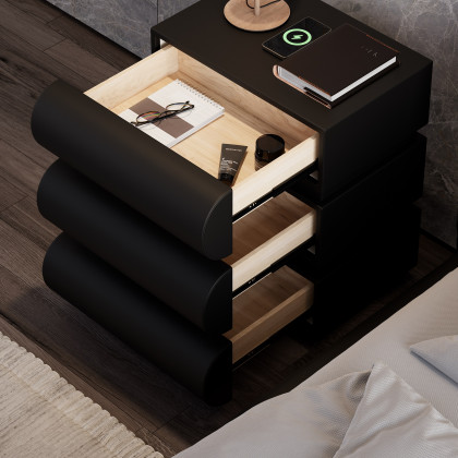 HMR Humply Modern Leather Smart Nightstand with Wireless Charger Drawers - Black, 3-Drawer, Set Of 2