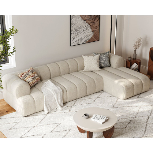 HMR - 118" Channel Sherpa Linen Sectional Sofa & Coffee Table Concrete Set