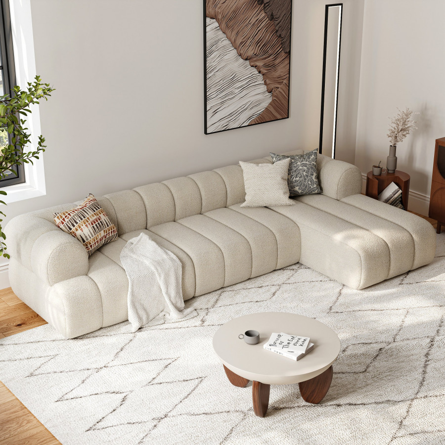 HMR - 118" Channel Sherpa Linen Sectional Sofa & Coffee Table Concrete Set