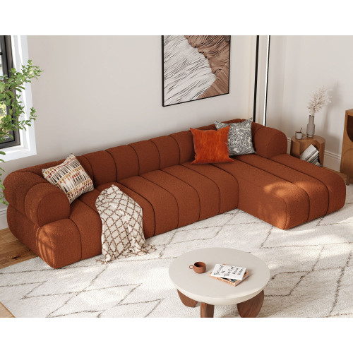 HMR 118" Channel Sherpa Linen Sectional Sofa & Coffee Table Concrete Set - Rust, Style A