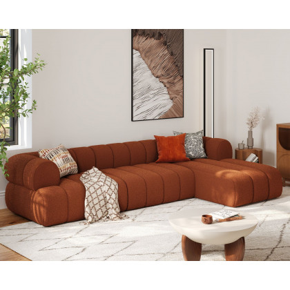 HMR 118" Channel Sherpa Linen Sectional Sofa & Coffee Table Concrete Set - Rust, Style A