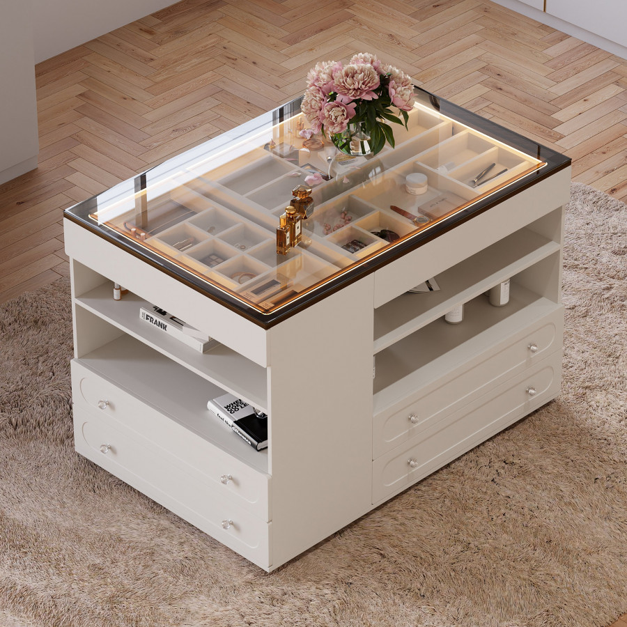 HMR 47"W Dresser Walk in Closet Island with Jewelry Storage LED Light - White