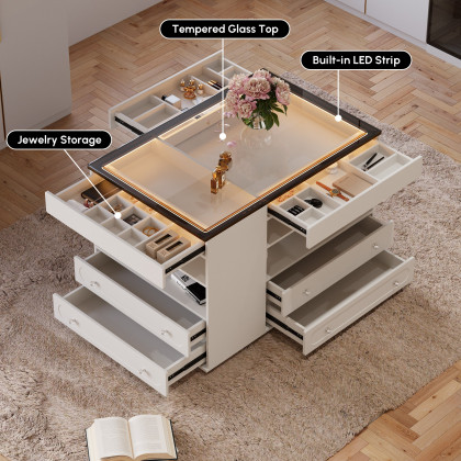 HMR 47"W Dresser Walk in Closet Island with Jewelry Storage LED Light - White
