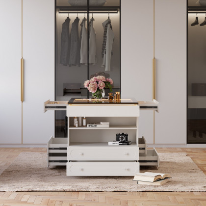 HMR 47"W Dresser Walk in Closet Island with Jewelry Storage LED Light - White
