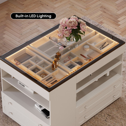 HMR 47"W Dresser Walk in Closet Island with Jewelry Storage LED Light - White