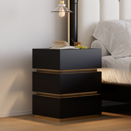 HMR Nightstand with Light & Charging Station - Black, 3 Drawers, Set Of 2
