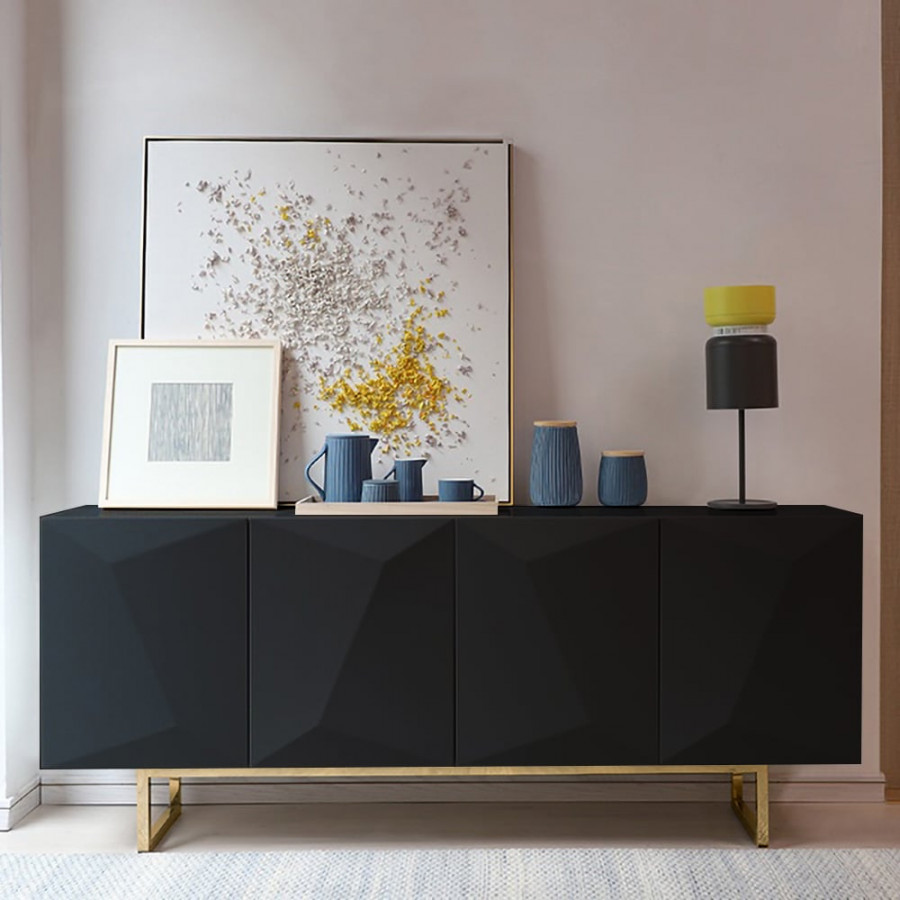 HMR 71" Modern Wood Sideboard and Buffets with 4 Doors Adjustable Shelves - Black & Gold