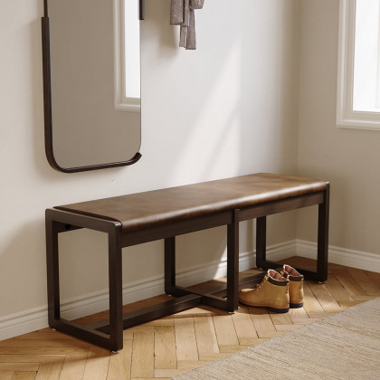 HMR - 47" Mid-Century Modern Walnut Entryway Bench PU Leather Upholstered Bench Ash Wood Legs