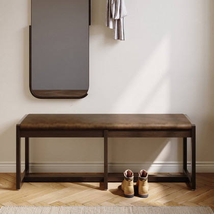 HMR - 47" Mid-Century Modern Walnut Entryway Bench PU Leather Upholstered Bench Ash Wood Legs