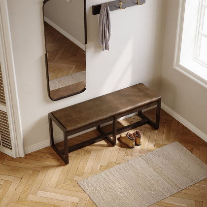 HMR - 47" Mid-Century Modern Walnut Entryway Bench PU Leather Upholstered Bench Ash Wood Legs