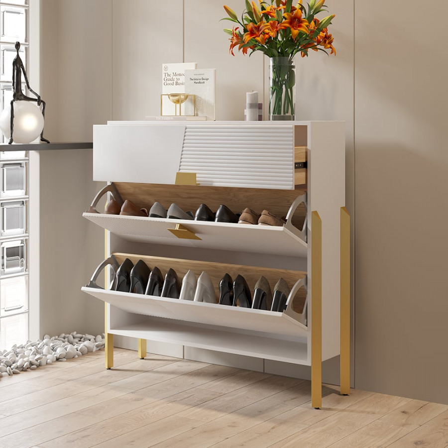 HMR - Modern Entryway White Shoe Storage Narrow Shoe Cabinet with 2 Flip Doors & 1 Drawer