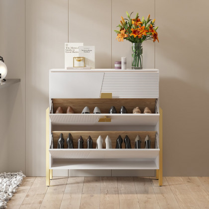 HMR - Modern Entryway White Shoe Storage Narrow Shoe Cabinet with 2 Flip Doors & 1 Drawer