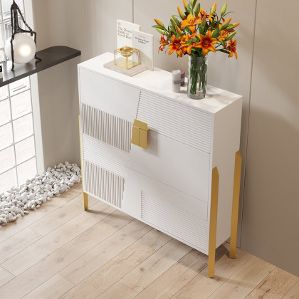 HMR - Modern Entryway White Shoe Storage Narrow Shoe Cabinet with 2 Flip Doors & 1 Drawer