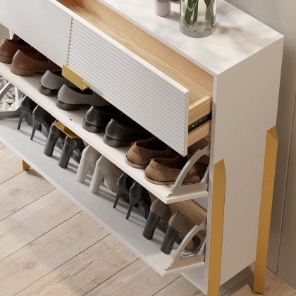 HMR - Modern Entryway White Shoe Storage Narrow Shoe Cabinet with 2 Flip Doors & 1 Drawer