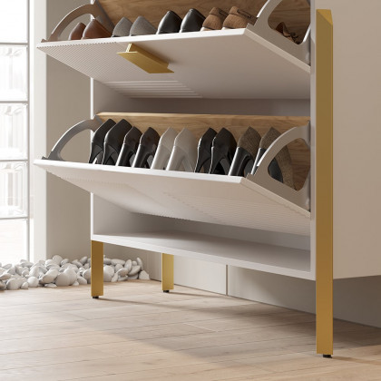 HMR - Modern Entryway White Shoe Storage Narrow Shoe Cabinet with 2 Flip Doors & 1 Drawer
