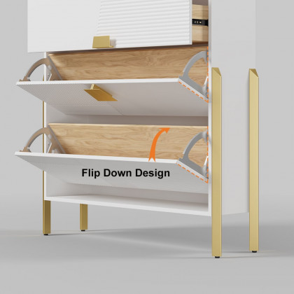 HMR - Modern Entryway White Shoe Storage Narrow Shoe Cabinet with 2 Flip Doors & 1 Drawer