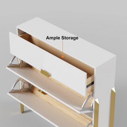 HMR - Modern Entryway White Shoe Storage Narrow Shoe Cabinet with 2 Flip Doors & 1 Drawer
