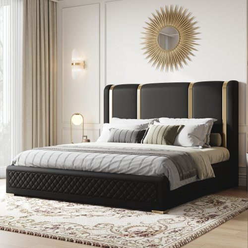 HMR Modern Upholstered Bed Frame with Polished Gold and Faux Leather Headboard - Black, King Size
