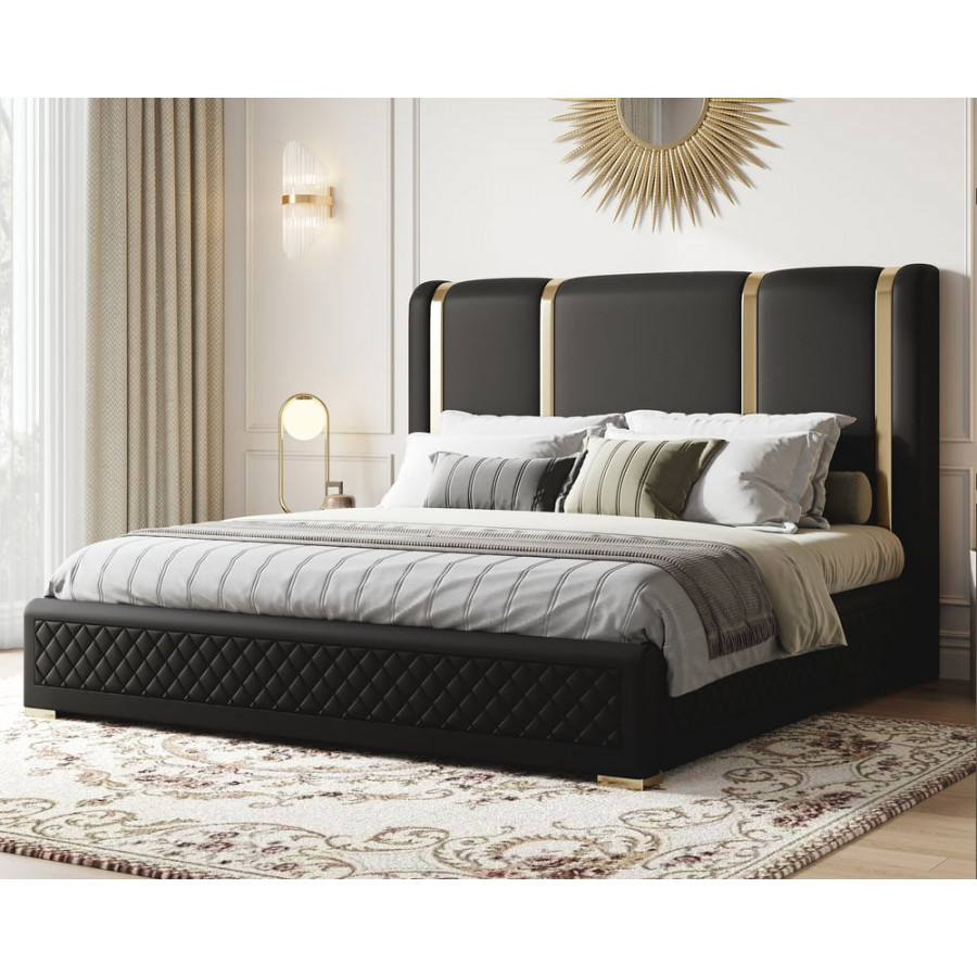 HMR Modern Upholstered Bed Frame with Polished Gold and Faux Leather Headboard - Black, King Size