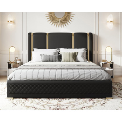 HMR Modern Upholstered Bed Frame with Polished Gold and Faux Leather Headboard - Black, King Size