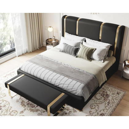 HMR Modern Upholstered Bed Frame with Polished Gold and Faux Leather Headboard - Black, King Size