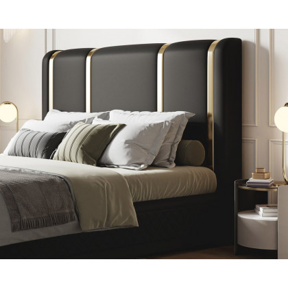 HMR Modern Upholstered Bed Frame with Polished Gold and Faux Leather Headboard - Black, King Size